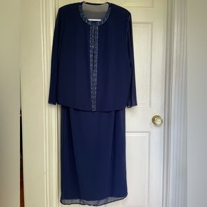 Gorgeous evening gown and beaded jacket by Patra size 16, navy blue
